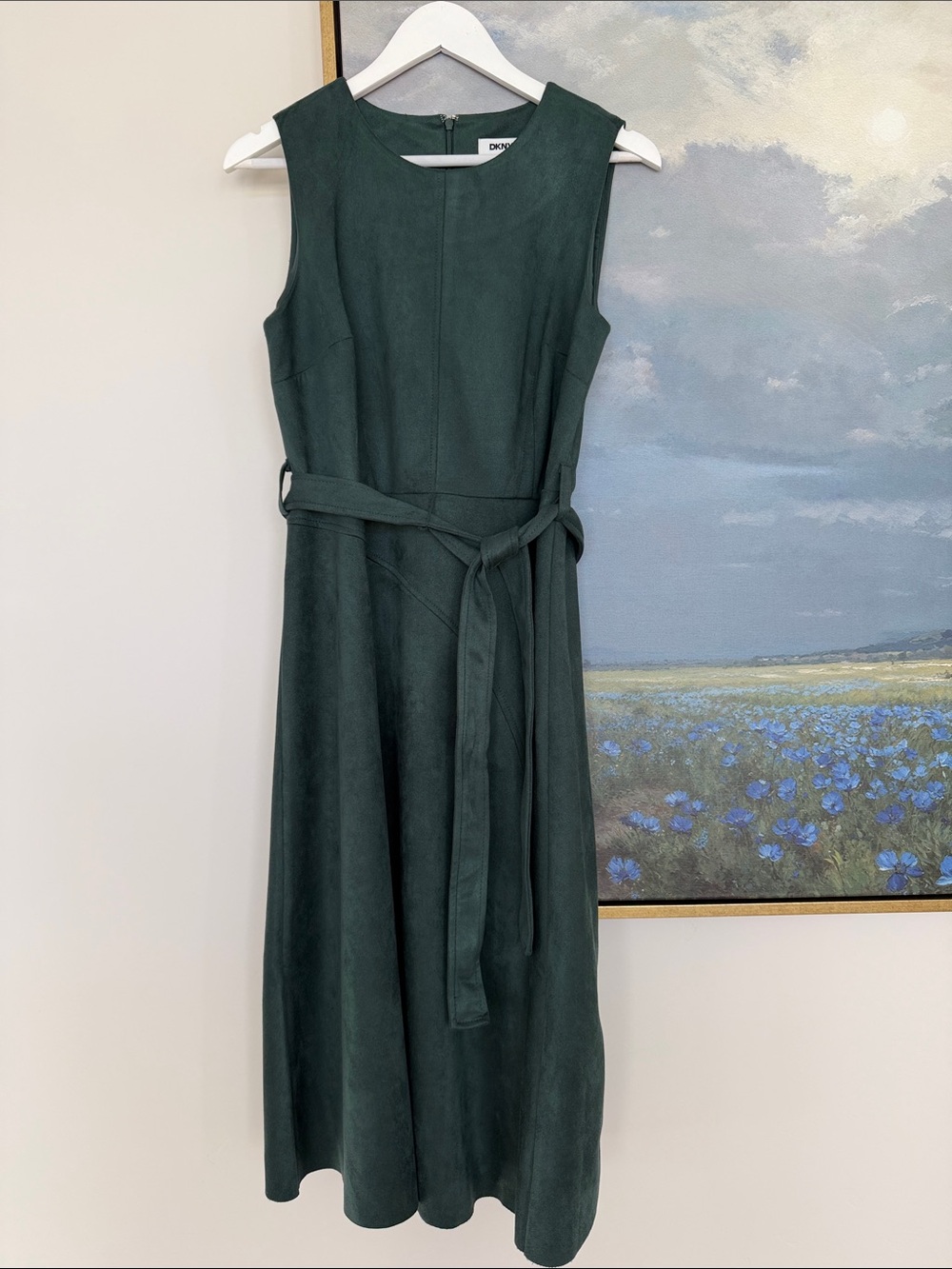 DKNY Suede Sleeveless Forest Green Midi Dress with Waist Tie
